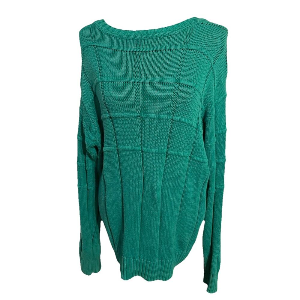 Vintage 80s Green 100% Cotton Harbour Club Sweater Mens Large Square Knit